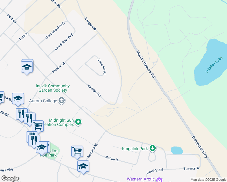 map of restaurants, bars, coffee shops, grocery stores, and more near 34 Stringer Road in Inuvik