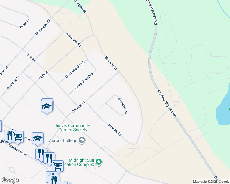 map of restaurants, bars, coffee shops, grocery stores, and more near 102 Bompas Street in Inuvik