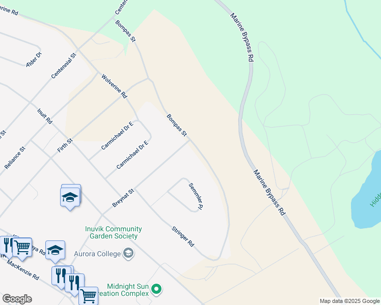 map of restaurants, bars, coffee shops, grocery stores, and more near 102 Bompas Street in Inuvik