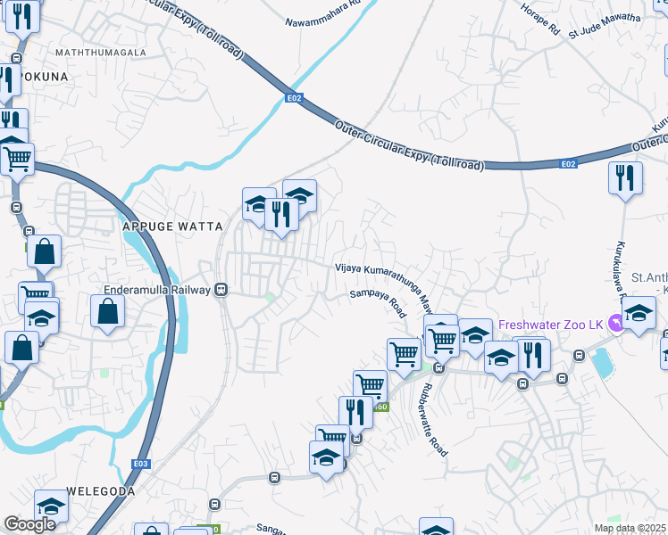 map of restaurants, bars, coffee shops, grocery stores, and more near Gongithota Road in Wattala