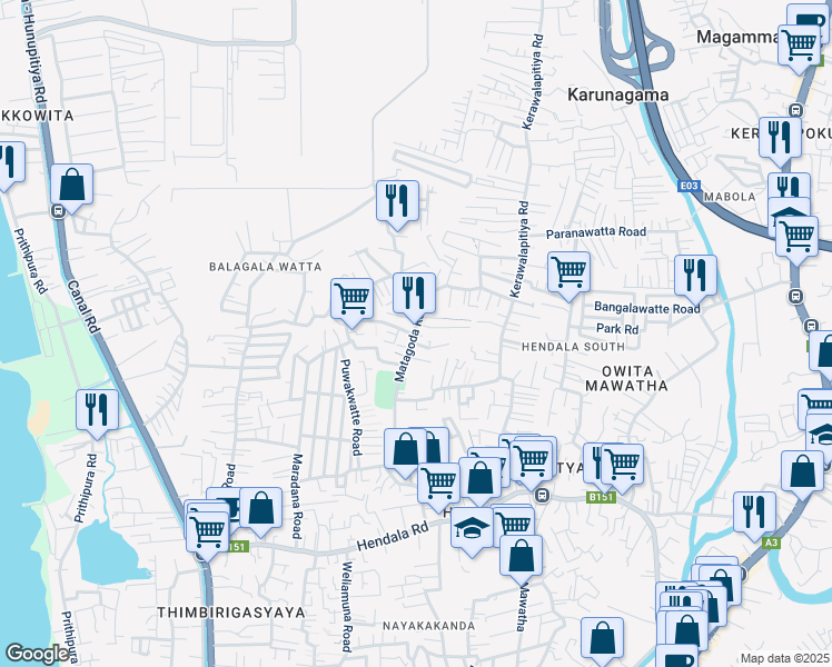 map of restaurants, bars, coffee shops, grocery stores, and more near Matagoda Road in Wattala