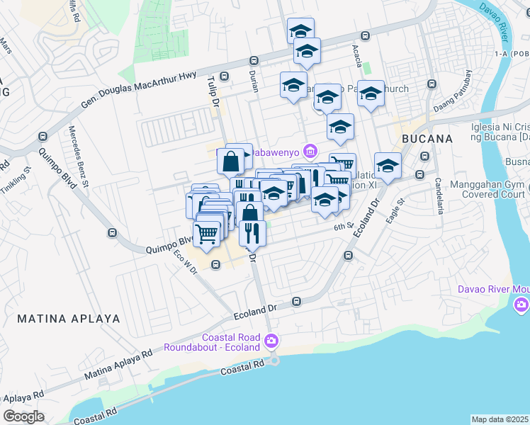 map of restaurants, bars, coffee shops, grocery stores, and more near Quimpo Boulevard in Davao City