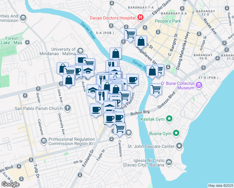 map of restaurants, bars, coffee shops, grocery stores, and more near Guillermo E. Torres Street in Davao City