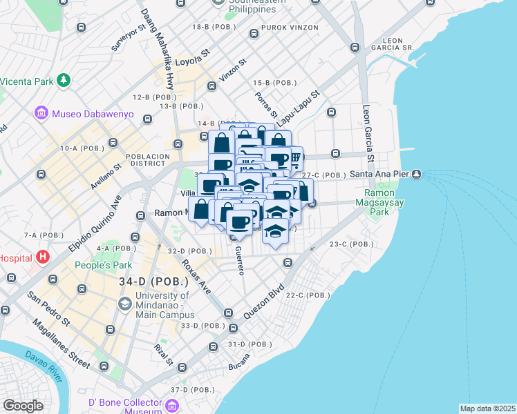 map of restaurants, bars, coffee shops, grocery stores, and more near Ramon Magsaysay Avenue in Davao City