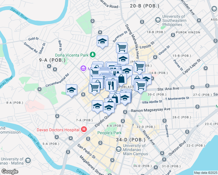 map of restaurants, bars, coffee shops, grocery stores, and more near V. Mapa Street in Davao City