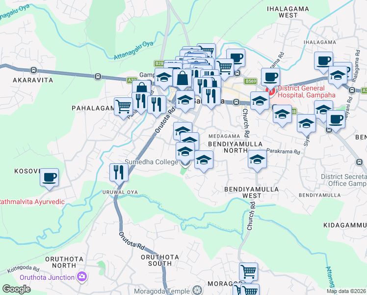map of restaurants, bars, coffee shops, grocery stores, and more near Vishaka Road in Gampaha