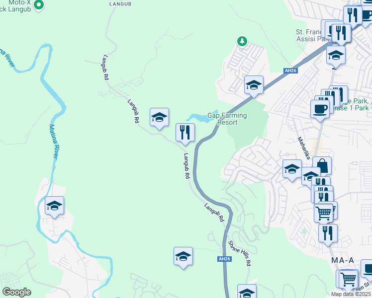 map of restaurants, bars, coffee shops, grocery stores, and more near Langub Road in Davao City