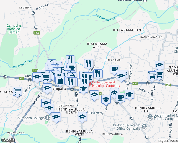 map of restaurants, bars, coffee shops, grocery stores, and more near Vijayarama Road in Gampaha