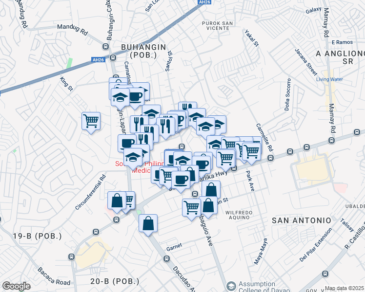 map of restaurants, bars, coffee shops, grocery stores, and more near Dumanlas Road in Davao City