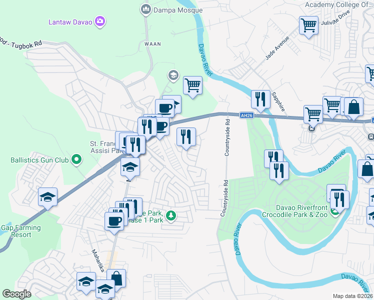 map of restaurants, bars, coffee shops, grocery stores, and more near Km 18 Crossing Eliong Road in Davao City