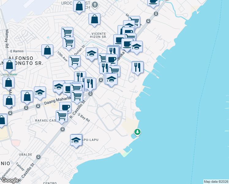 map of restaurants, bars, coffee shops, grocery stores, and more near Lizada Street in Davao City