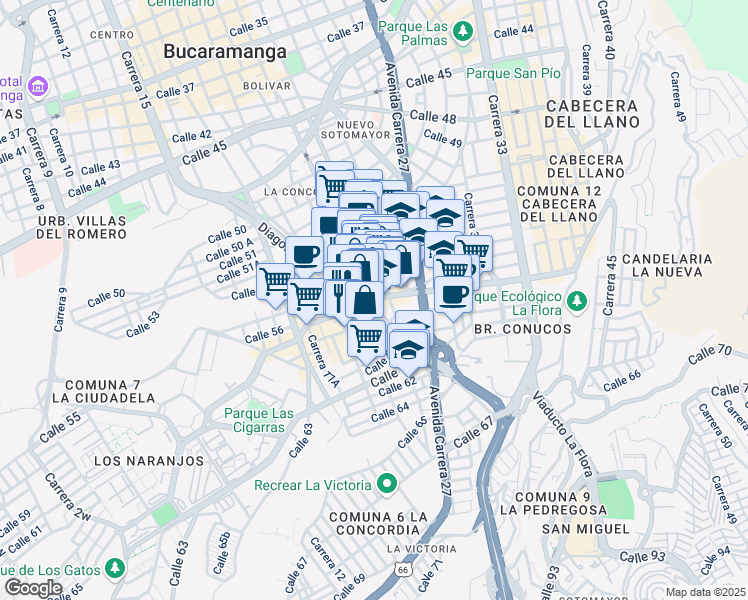map of restaurants, bars, coffee shops, grocery stores, and more near Carrera 21 in Bucaramanga