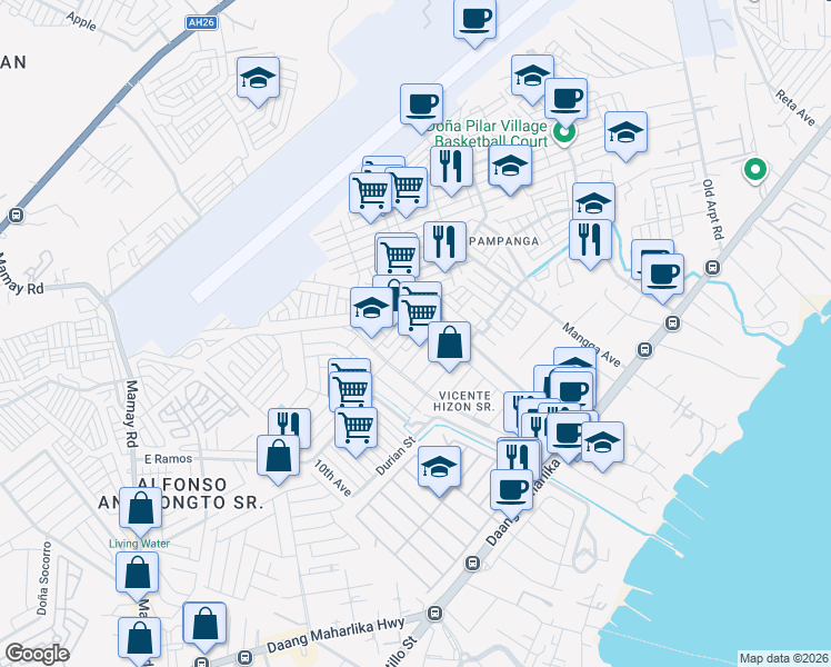 map of restaurants, bars, coffee shops, grocery stores, and more near Kalantas Street in Davao City