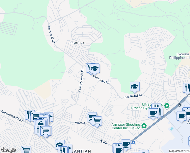 map of restaurants, bars, coffee shops, grocery stores, and more near Communal Road in Davao City
