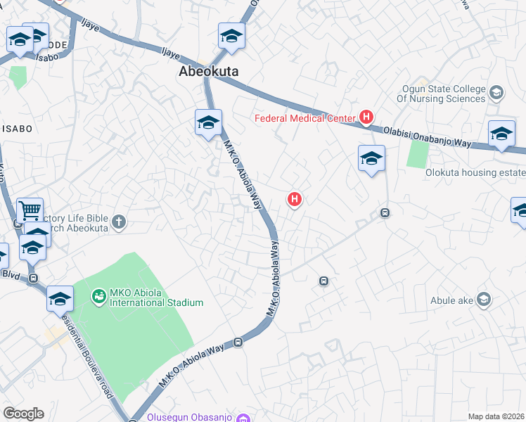 map of restaurants, bars, coffee shops, grocery stores, and more near M.K.O. Abiola Way in Abeokuta