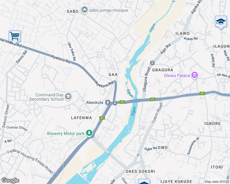 map of restaurants, bars, coffee shops, grocery stores, and more near Lafenwa in Abeokuta