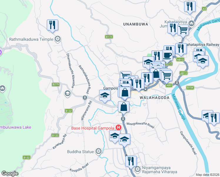 map of restaurants, bars, coffee shops, grocery stores, and more near Nidahas Mawatha in Gampola
