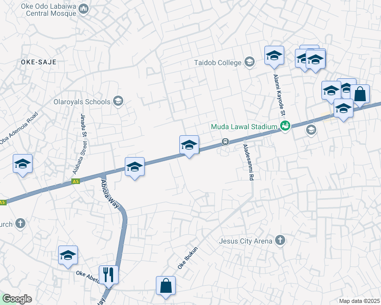 map of restaurants, bars, coffee shops, grocery stores, and more near Asero in Abeokuta
