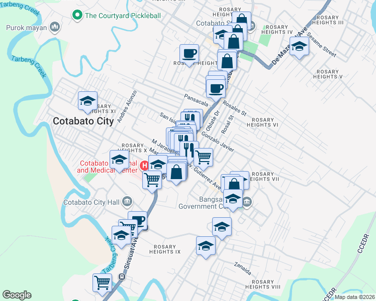 map of restaurants, bars, coffee shops, grocery stores, and more near 169 Sinsuat Avenue in Cotabato City