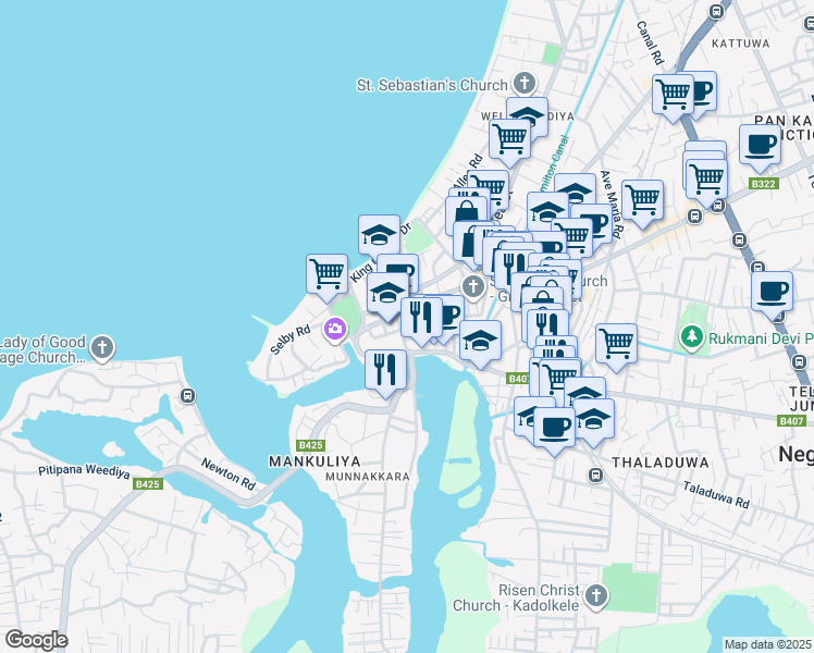 map of restaurants, bars, coffee shops, grocery stores, and more near Mudaliyar Mawatha in Negombo