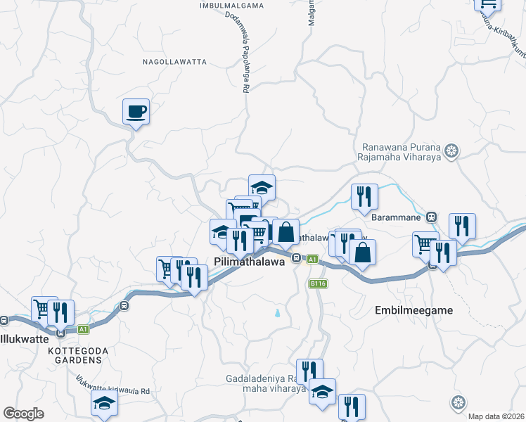 map of restaurants, bars, coffee shops, grocery stores, and more near Malgammana Road in Pilimathalawa