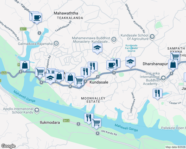 map of restaurants, bars, coffee shops, grocery stores, and more near Mahiyangana Road in Kundasale