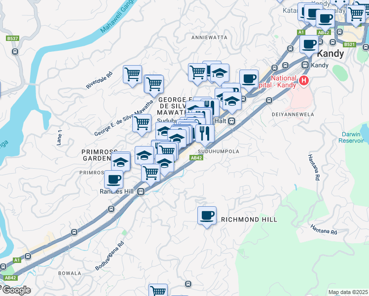 map of restaurants, bars, coffee shops, grocery stores, and more near Peradeniya Road in Kandy