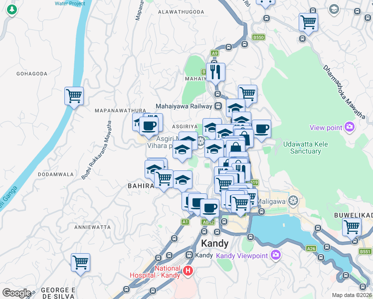 map of restaurants, bars, coffee shops, grocery stores, and more near Wariyapola Sri Sumangala Mawatha in Kandy