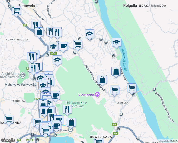 map of restaurants, bars, coffee shops, grocery stores, and more near Dharmashoka Mawatha in Kandy
