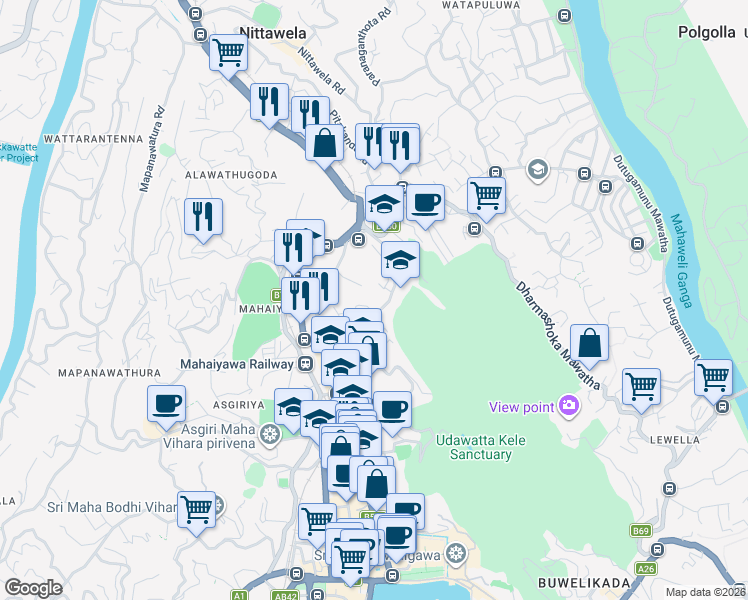 map of restaurants, bars, coffee shops, grocery stores, and more near Dhammadassi Mawatha in Kandy