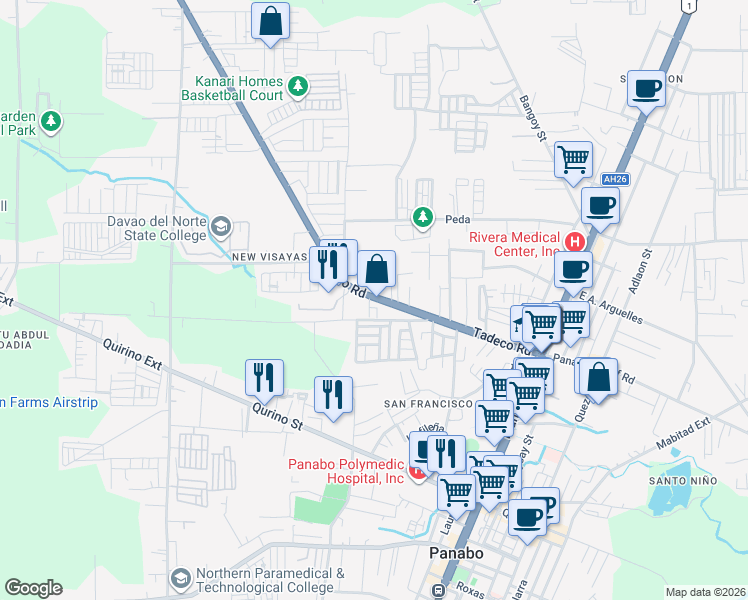 map of restaurants, bars, coffee shops, grocery stores, and more near Tadeco Road in Panabo
