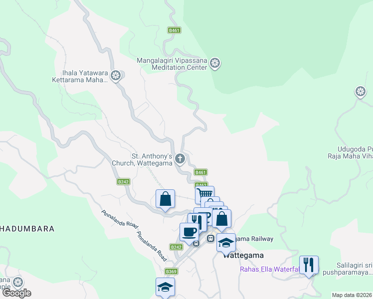 map of restaurants, bars, coffee shops, grocery stores, and more near Wattegama - Kandenuwara - Wariyapola Road in Wattegama