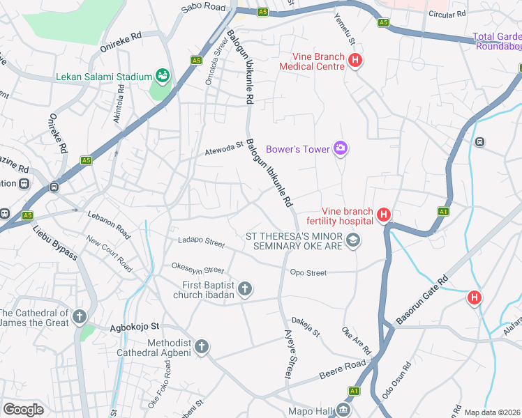 map of restaurants, bars, coffee shops, grocery stores, and more near Balogun Ibikunle Road in Ibadan
