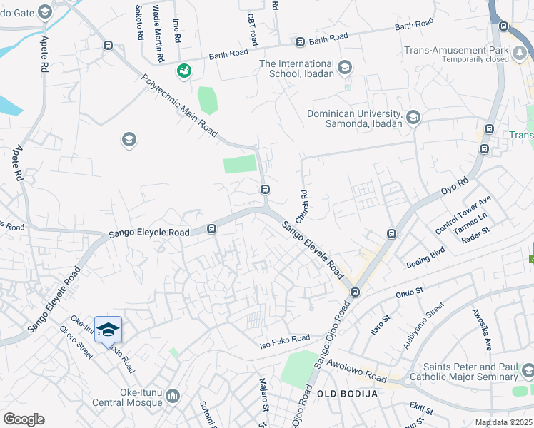 map of restaurants, bars, coffee shops, grocery stores, and more near Sango Eleyele Road in Ibadan