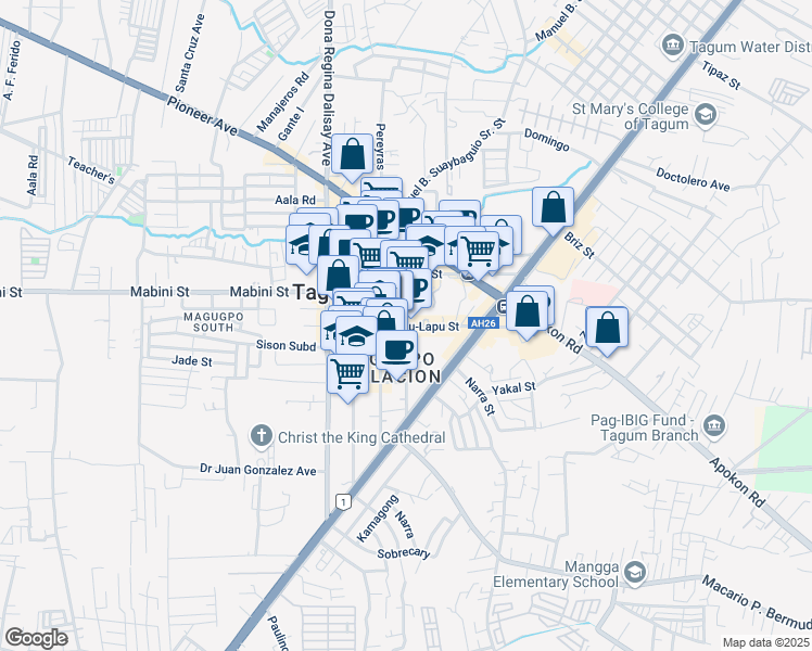 map of restaurants, bars, coffee shops, grocery stores, and more near Jose Abad Santos Street in Tagum City