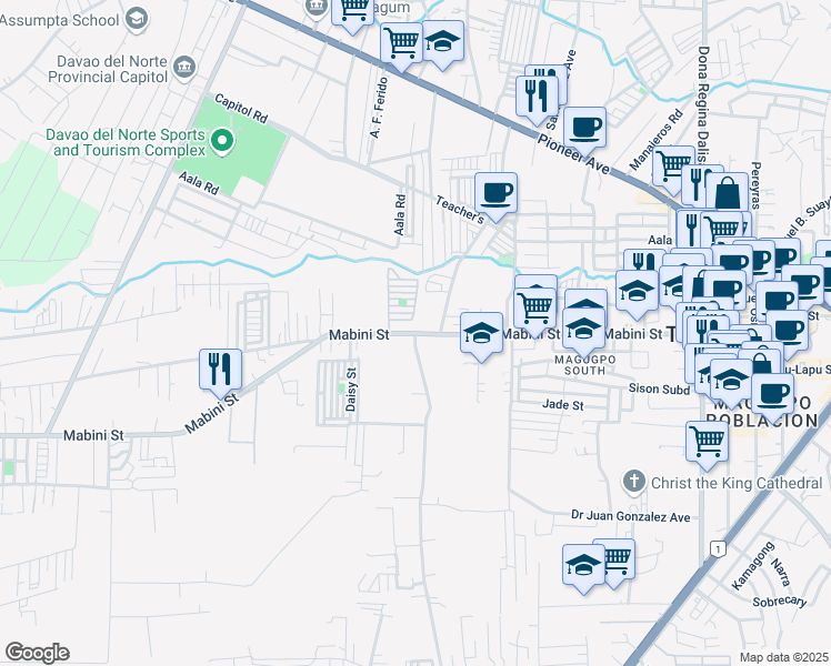 map of restaurants, bars, coffee shops, grocery stores, and more near Mabini Street in Tagum City