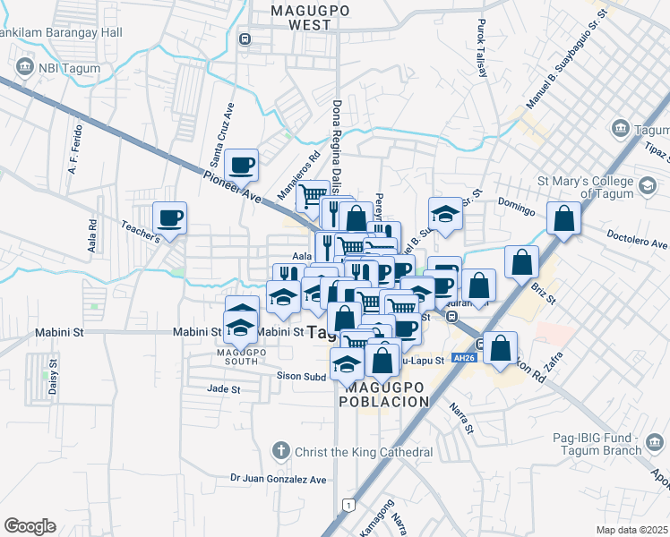 map of restaurants, bars, coffee shops, grocery stores, and more near Sobrecary Street in Tagum City
