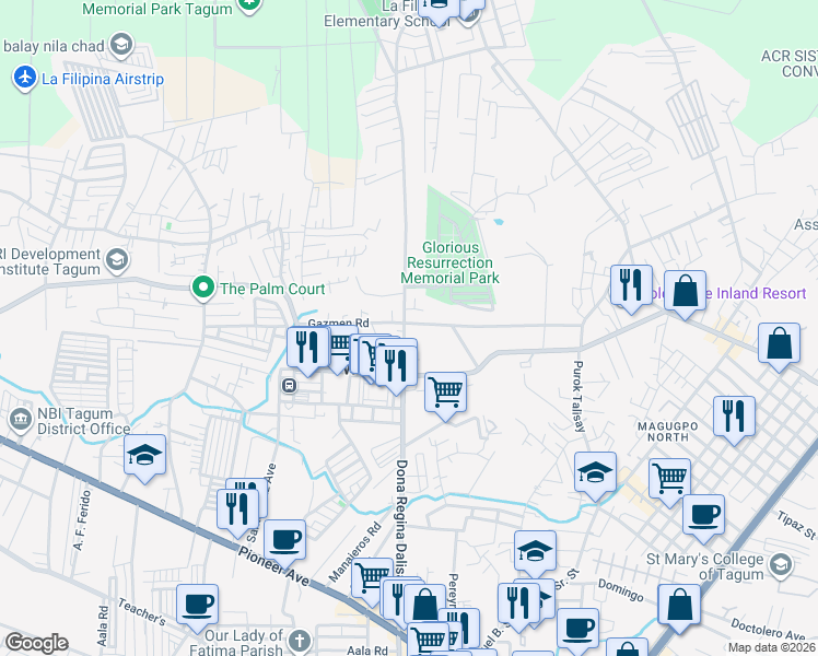 map of restaurants, bars, coffee shops, grocery stores, and more near Gazmen Road in Tagum City