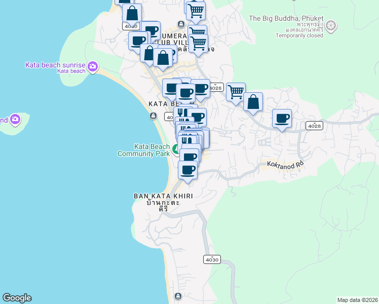 map of restaurants, bars, coffee shops, grocery stores, and more near 3 Thanon Kata in Tambon Karon
