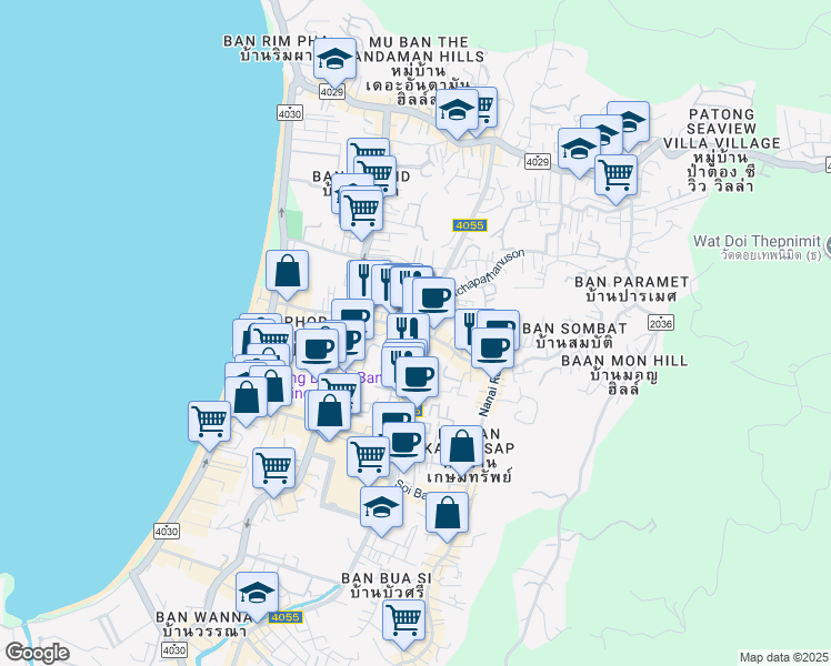 map of restaurants, bars, coffee shops, grocery stores, and more near in Pa Tong