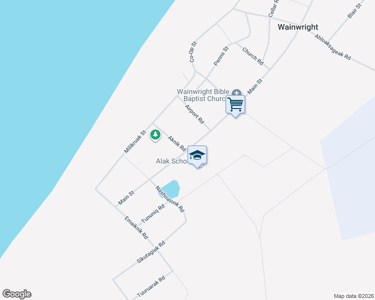 map of restaurants, bars, coffee shops, grocery stores, and more near 563 Main Street in Wainwright