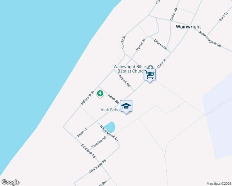 map of restaurants, bars, coffee shops, grocery stores, and more near 563 Main Street in Wainwright