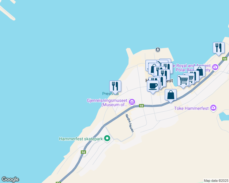 map of restaurants, bars, coffee shops, grocery stores, and more near Jernbanetrasken in Hammerfest