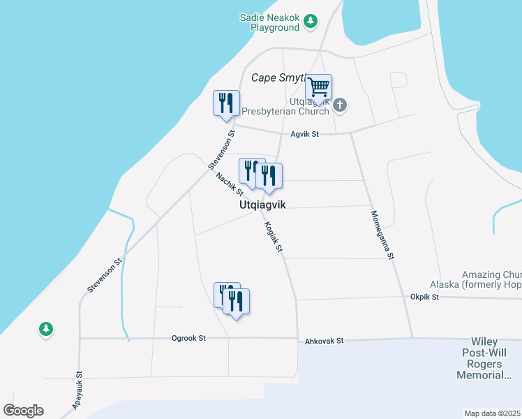 map of restaurants, bars, coffee shops, grocery stores, and more near 1401 Nachik Street in Utqiagvik