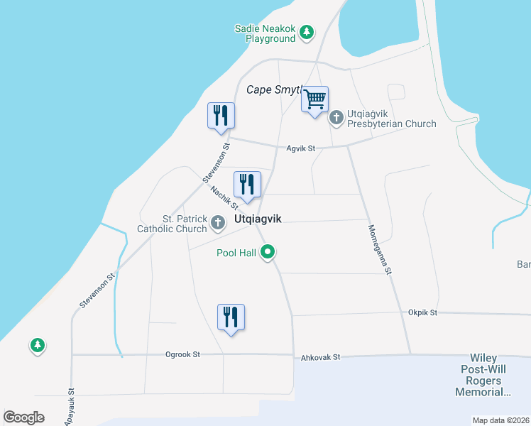 map of restaurants, bars, coffee shops, grocery stores, and more near 1450 Nachik Street in Barrow