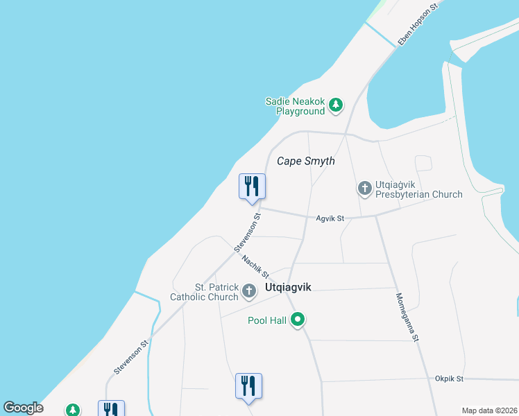 map of restaurants, bars, coffee shops, grocery stores, and more near 1200 Agvik St in Barrow