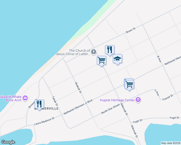 map of restaurants, bars, coffee shops, grocery stores, and more near 4246-4298 Karluk Street in Barrow