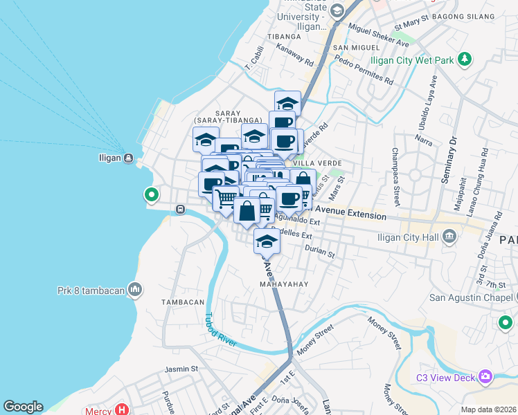 map of restaurants, bars, coffee shops, grocery stores, and more near Lluch Street in Iligan City