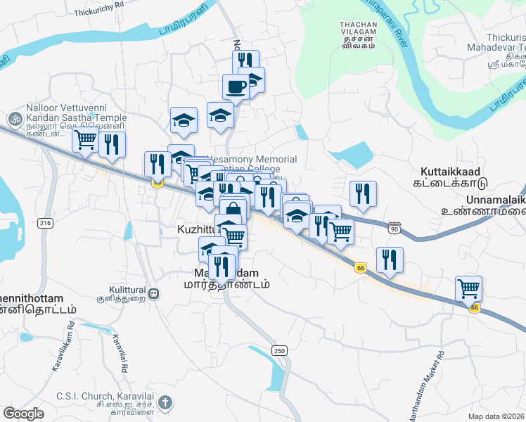 map of restaurants, bars, coffee shops, grocery stores, and more near Marthandam-Thengapattanam Road in Kanyakumari