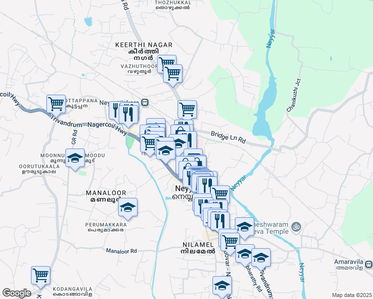 map of restaurants, bars, coffee shops, grocery stores, and more near Neyyattinkara Kattakada Road in Thiruvananthapuram